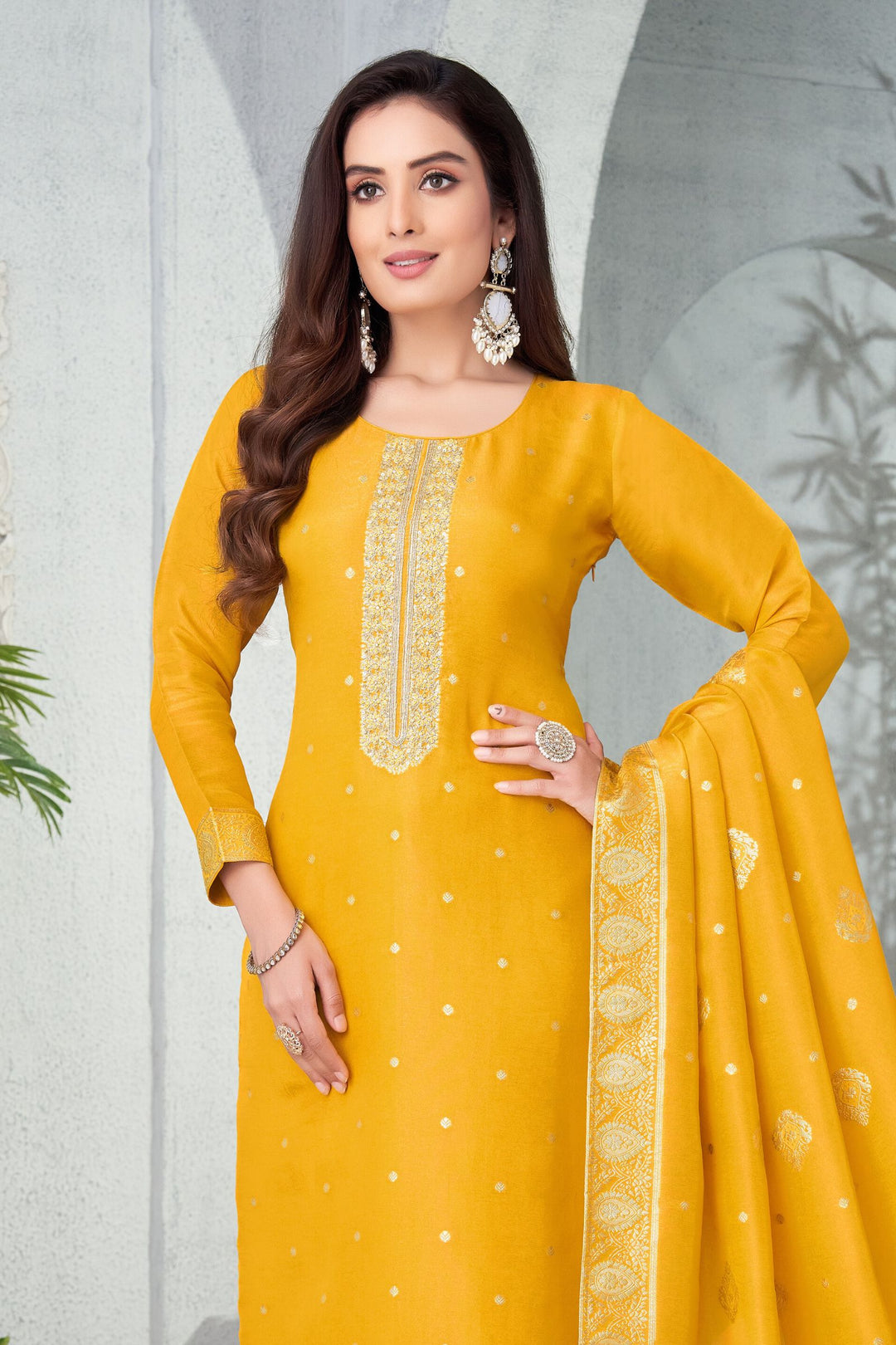 Yellow Banaras, Zari, Beads, Sequins and Thread work Straight Cut Salwar Suit