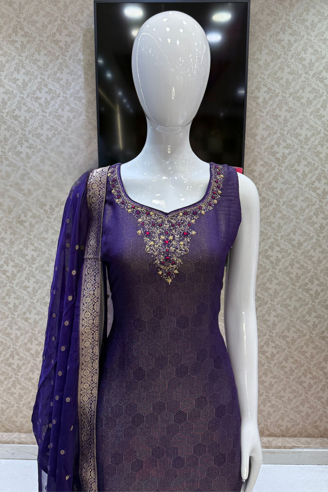 Purple Jacquard, Zari, Zardozi, Beads, Stone and Thread work Straight Cut Salwar Suit