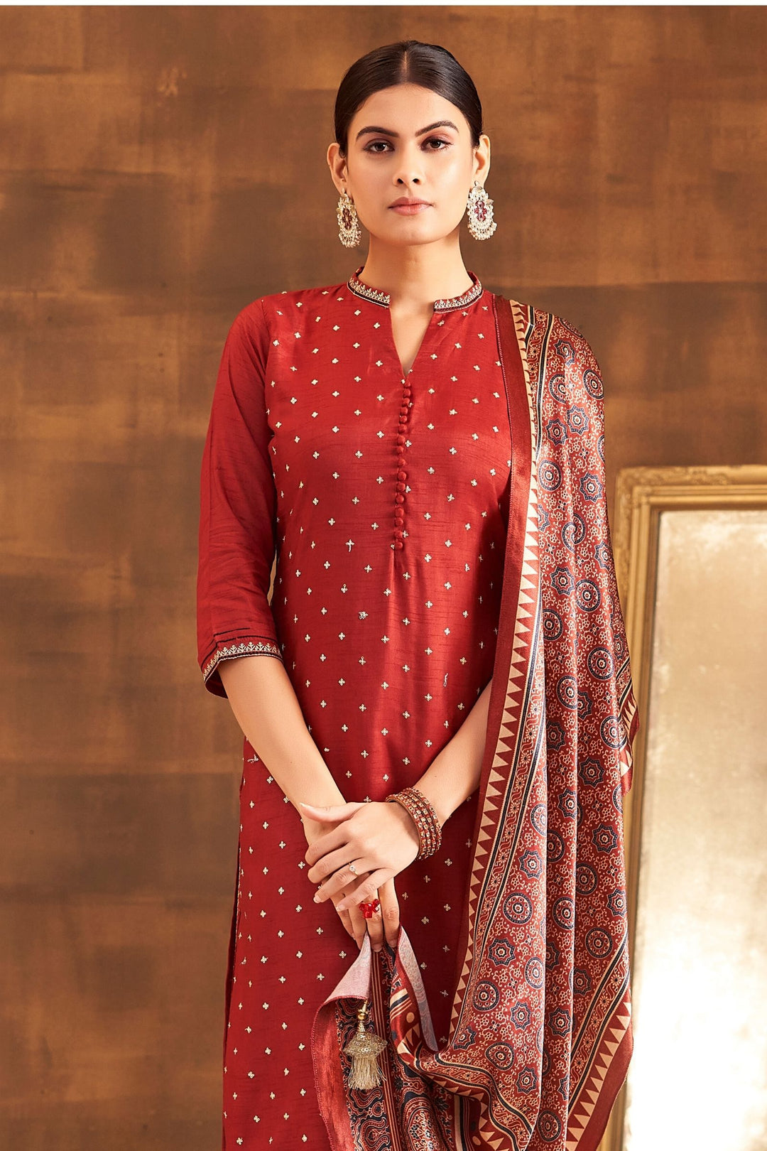 Maroon Sequins and Thread work Straight Cut Salwar Suit with Kalamkari Print Dupatta