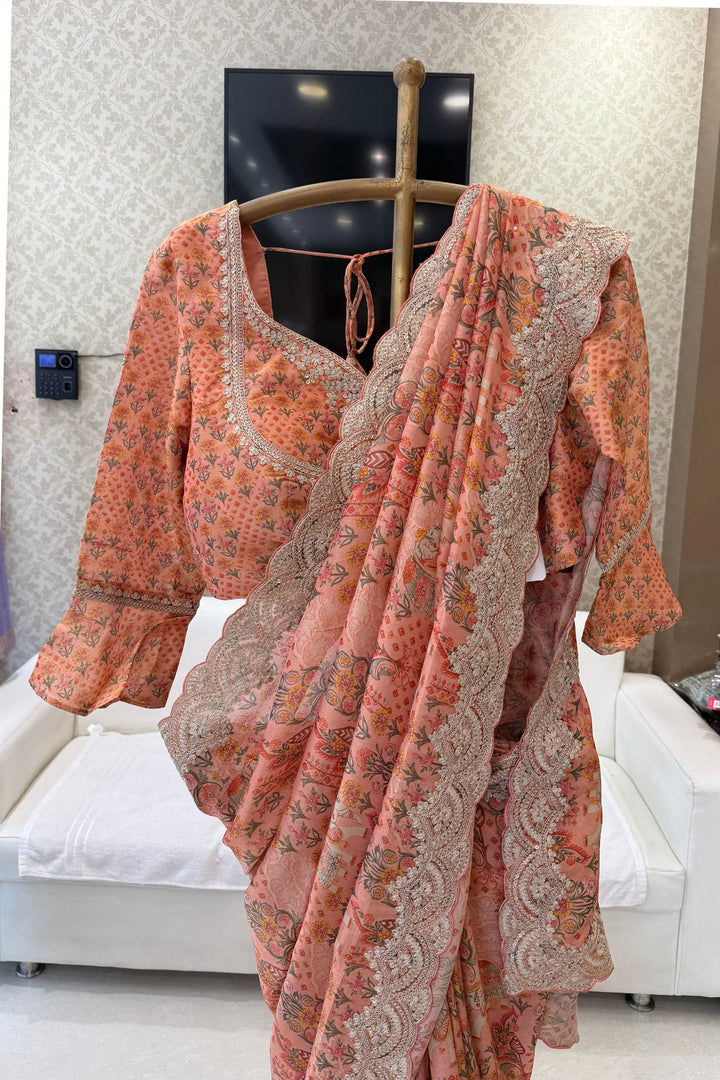 Peach Sequins and Zari work with Digital Print Saree