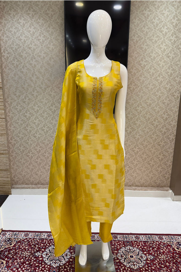 Yellow Banaras, Stone, Thread, Zardozi and Sequins work Straight Cut Salwar Suit