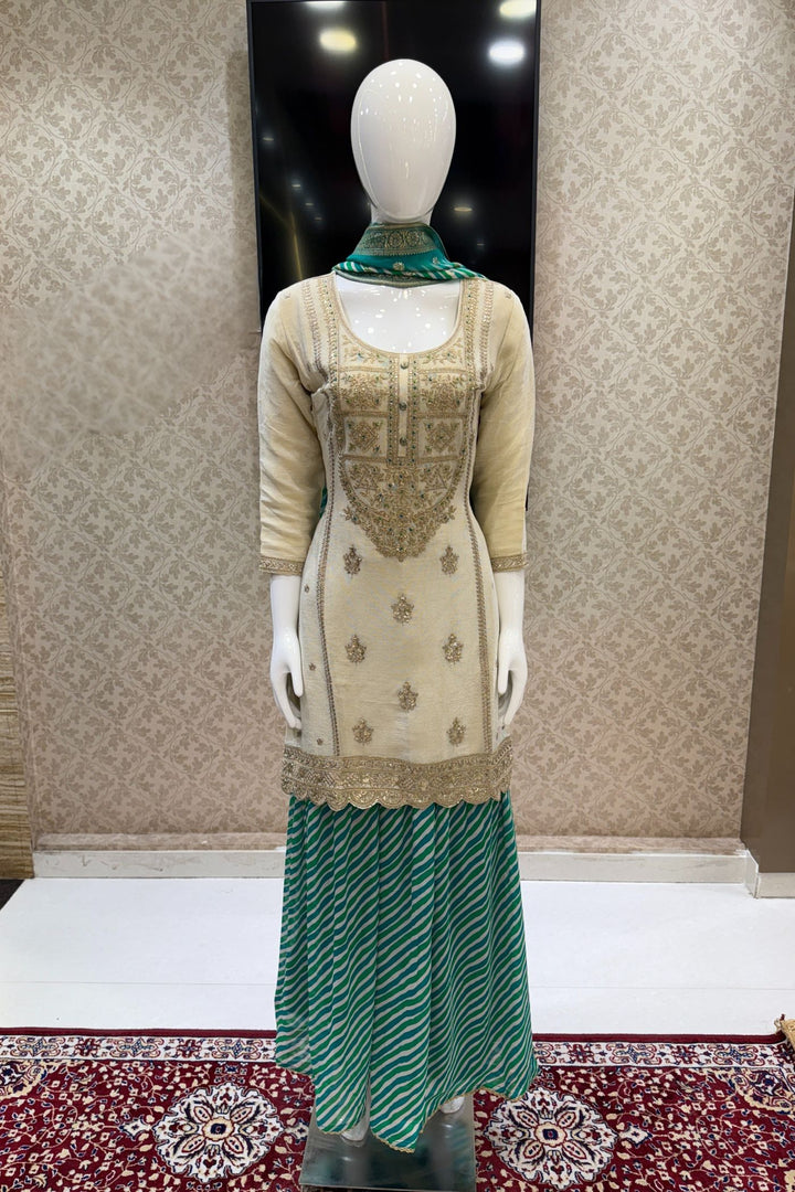 Beige Zari, Sequins and Thread work with Leheriya Print Palazzo Salwar Suit