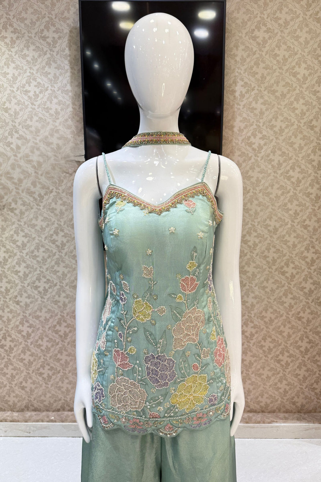 Sea Green Multicolor Thread, Stone, Zardozi, Sequins and Beads work Palazzo Salwar Suit