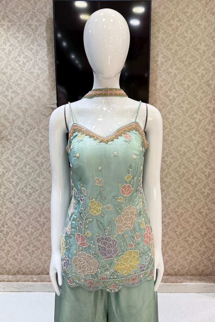 Sea Green Multicolor Thread, Stone, Zardozi, Sequins and Beads work Palazzo Salwar Suit