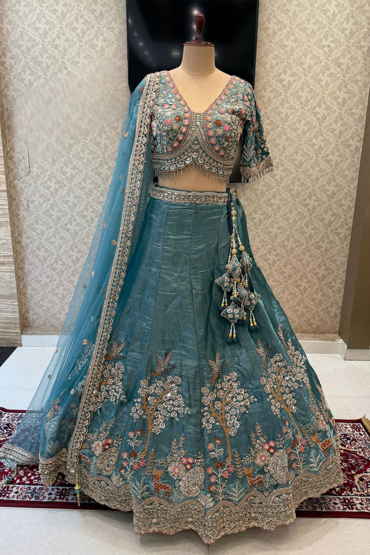 Bridal Organza Lehenga with Hand-Embroidered Birds and Floral Forest Motifs