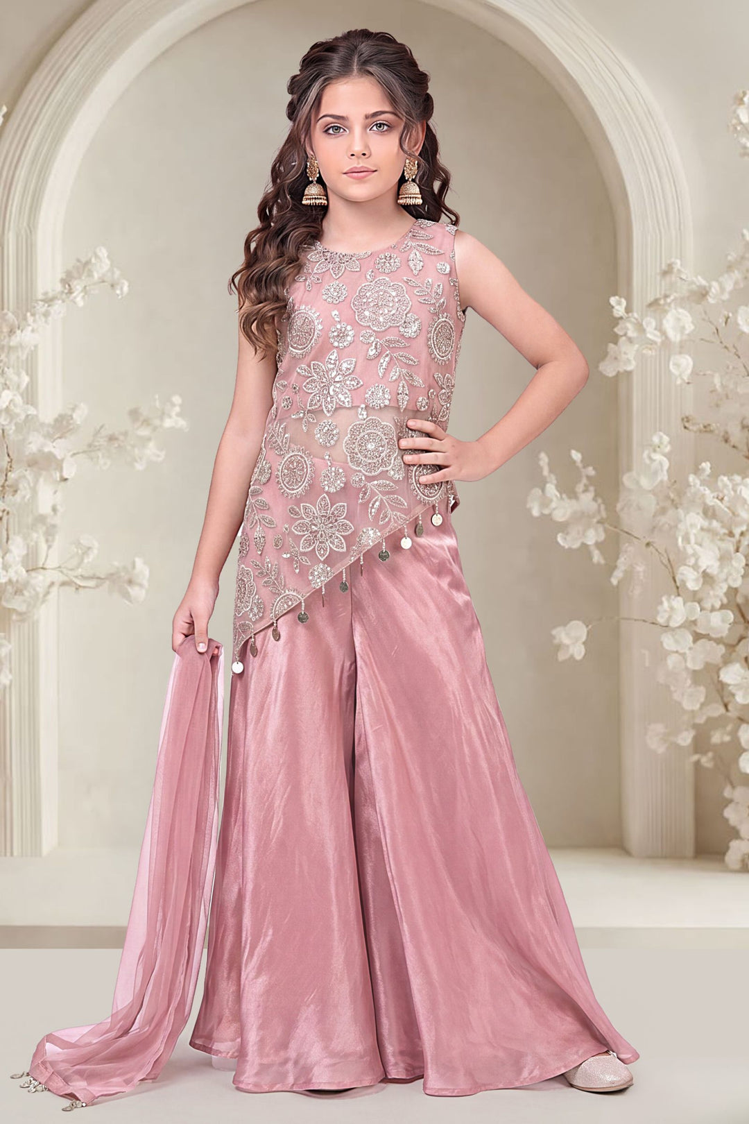 Onion Pink Zari, Beads and Sequins work Palazzo Suit Set for Girls