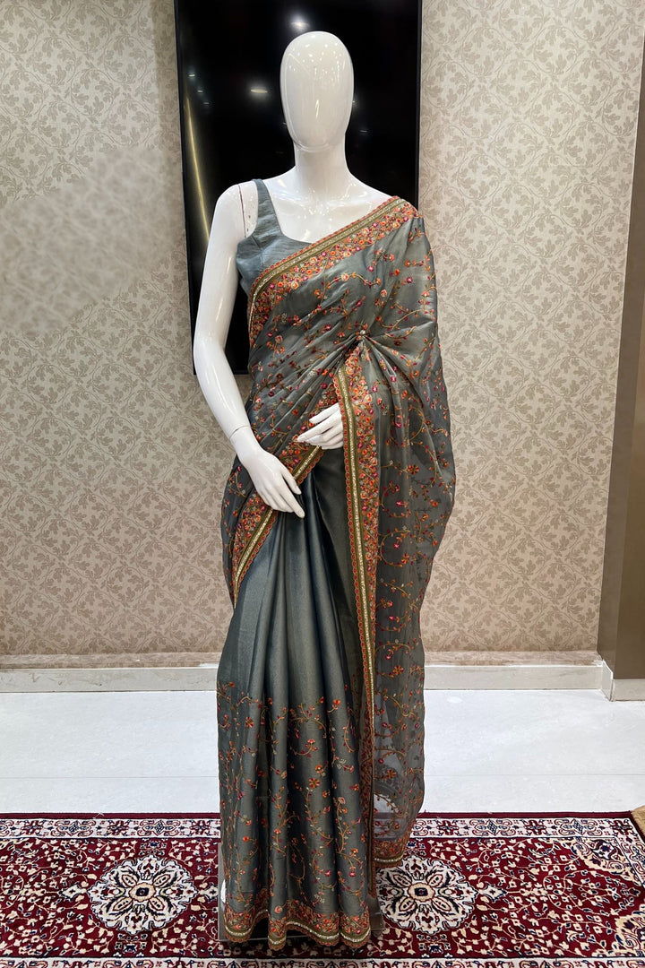 Grey Multicolor Embroidery, Sequins and Stone work Saree
