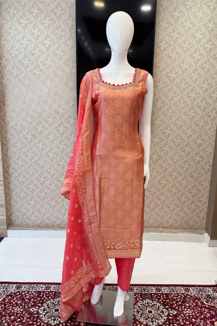 Peach Beads, Mirror, Stone, Banaras and Brocade work Straight Cut Salwar Suit