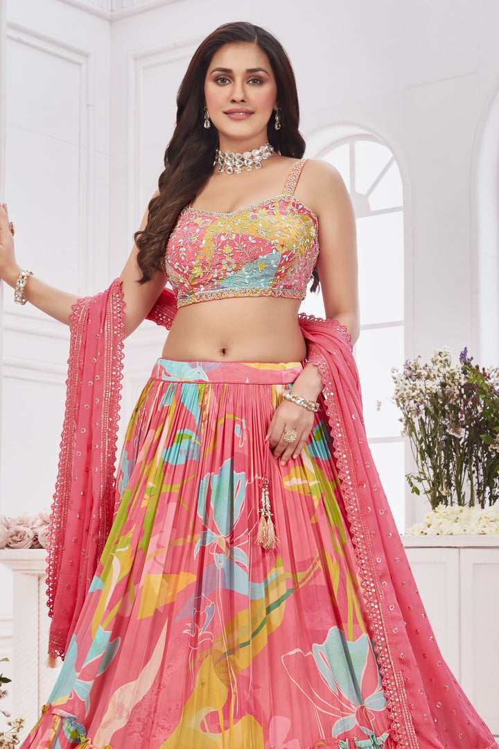 Rose Pink Multicolor Digital Print, Beads, Zardozi and Sequins work Crop Top Lehenga