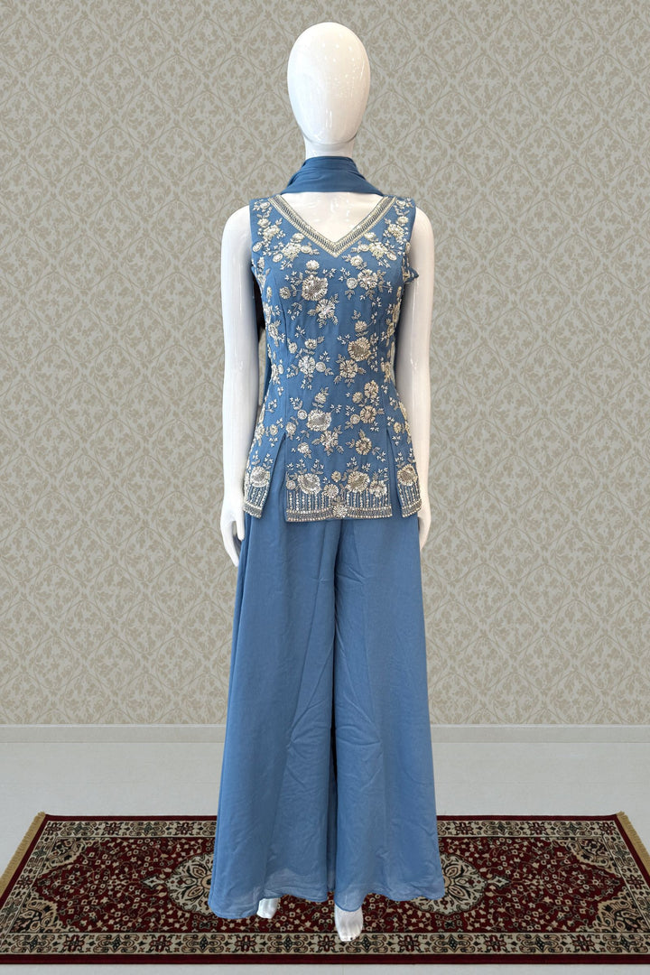 Sea Blue Beads, Zari and Sequins work Palazzo Salwar Suit