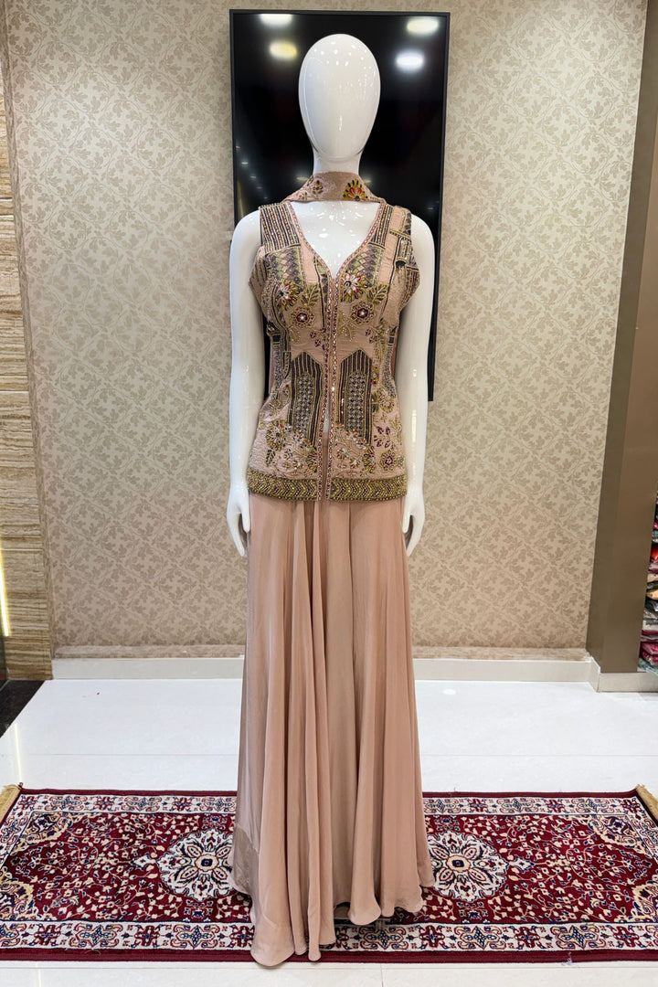 Peach Beads, Mirror, Zari and Thread work with Digital Print Palazzo Salwar Suit