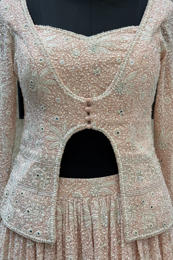 Peach Lucknowi, Sequins, Mirror, Beads and Zari work Crop Top Lehenga