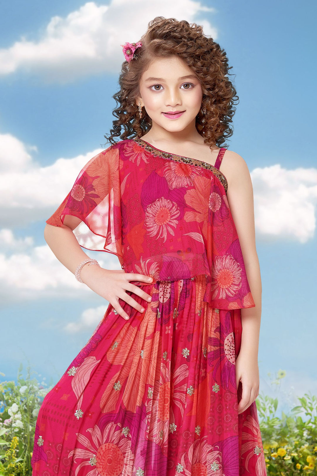 Rani Pink Sequins, Zari, Mirror and Beads work Poncho Styled Palazzo Set For Girls