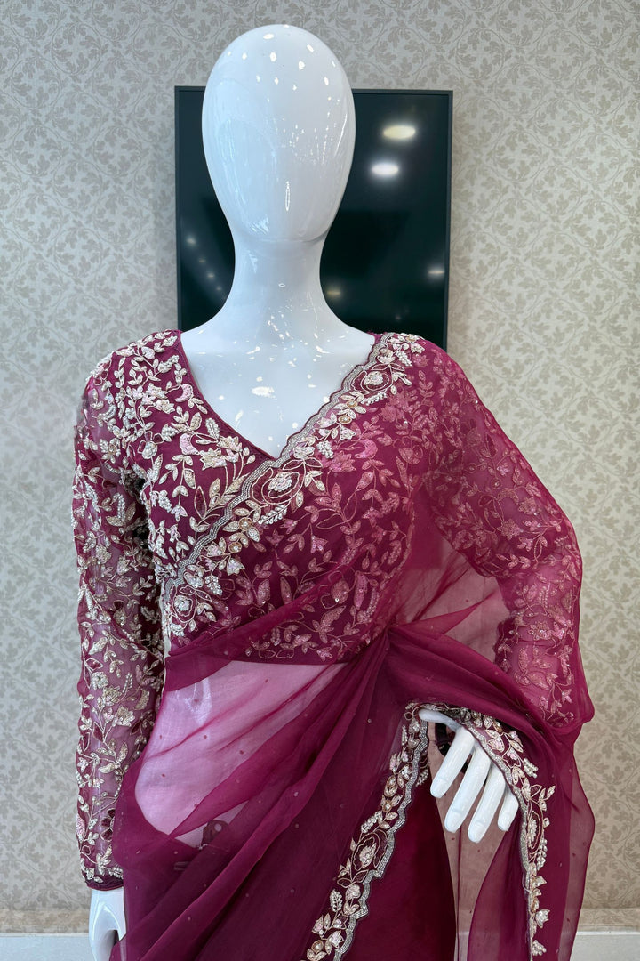 Wine Sequins, Beads, Stone and Pearl work Organza Saree with Designer V-Neck Blouse