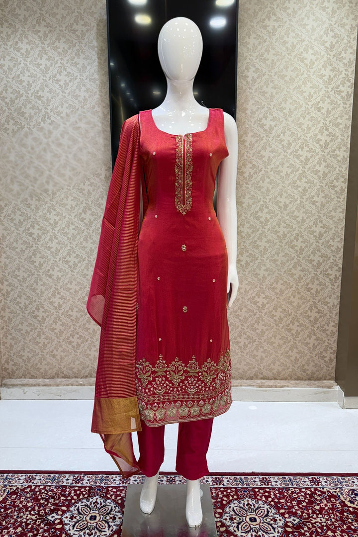 Rani Pink Beads, Zari, Stone and Sequins work Straight Cut Salwar Suit