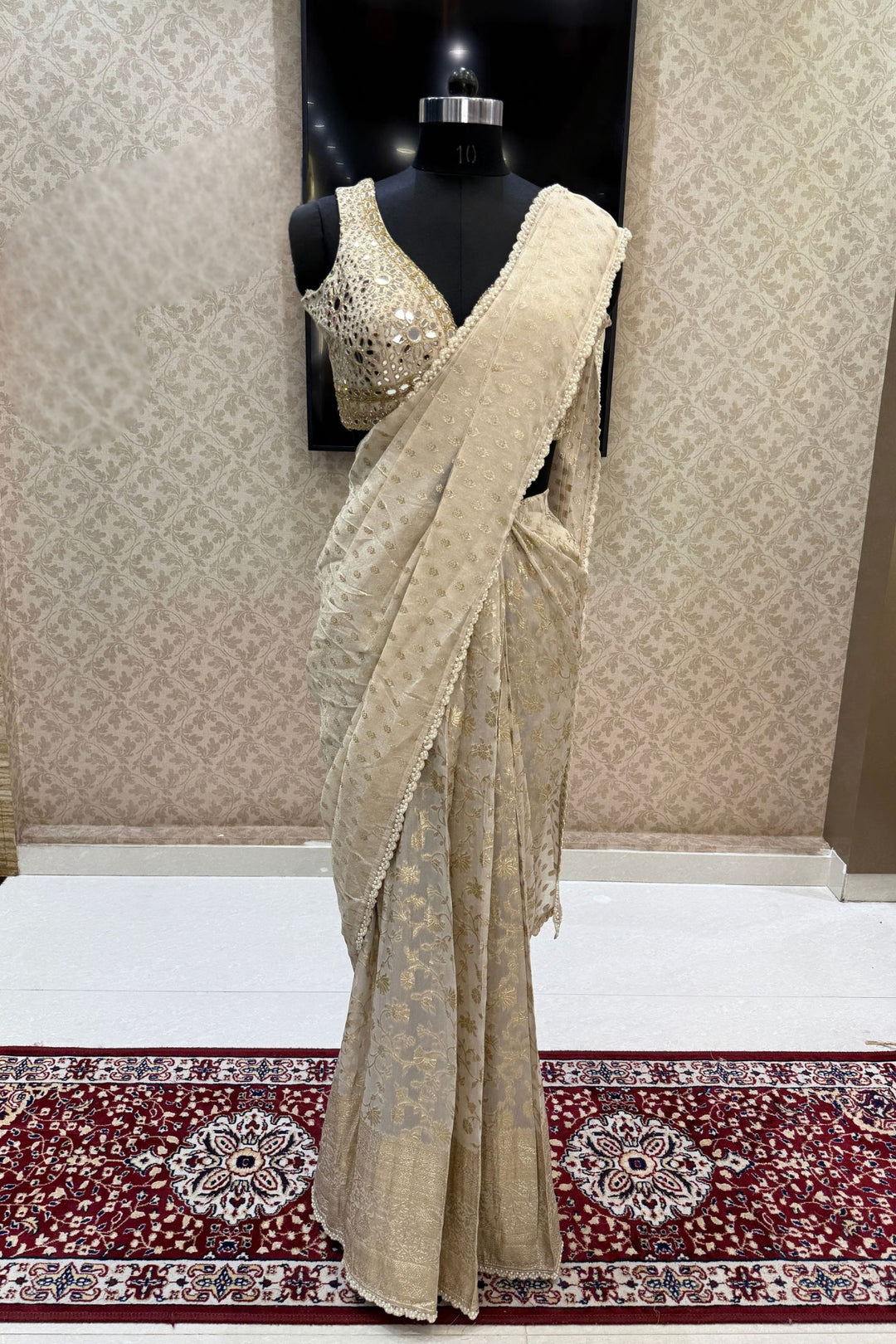 Cream Readymade Banaras work Saree with Mirror work Readymade Blouse