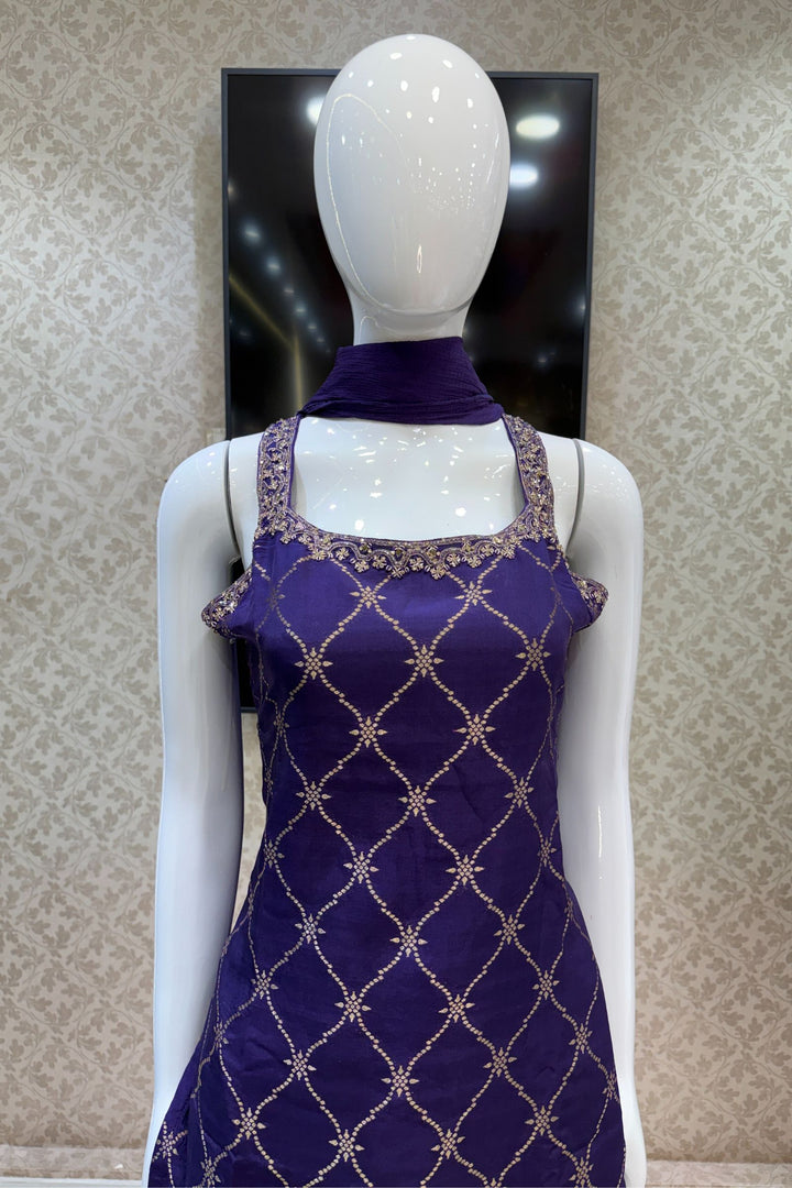 Purple Banaras, Mirror, Zardozi, Zari and Stone work Straight Cut Salwar Suit