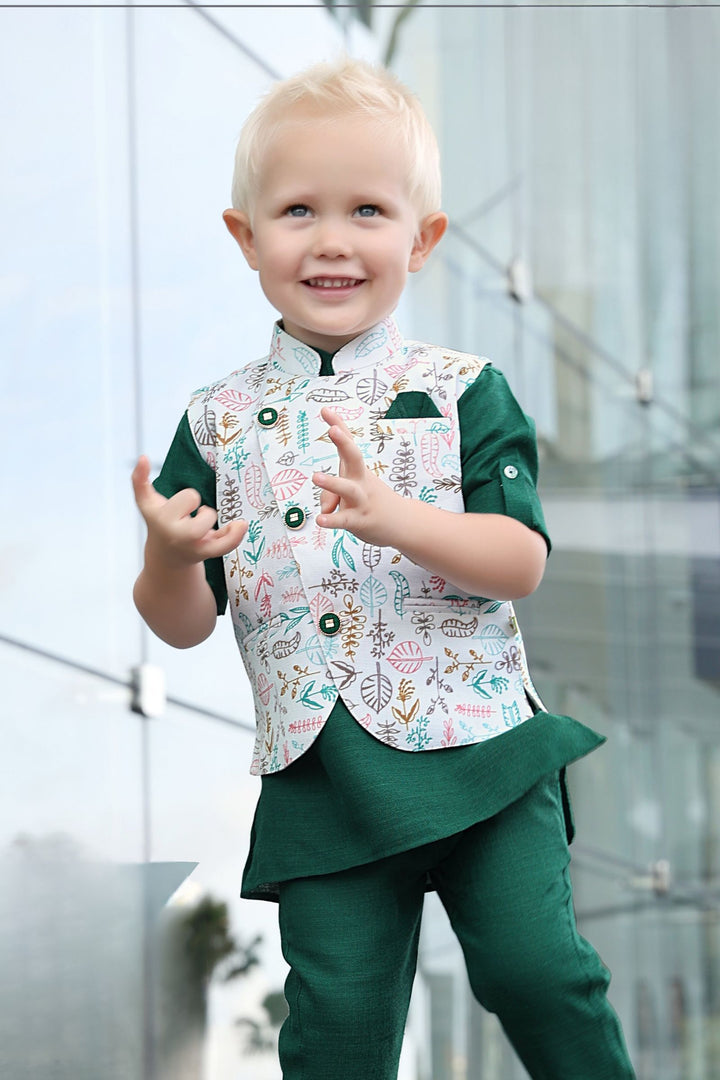 White with Green Printed Waist Coat and Set for Boys