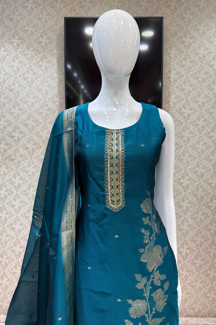 Rama Green Straight Cut Salwar Suit with Zardozi, Sequins, Stone, Zari and Banaras work
