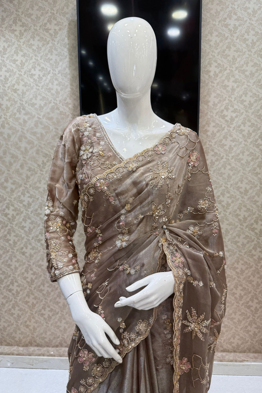 Copper Sequins, Beads, Zari and Pearls work Saree