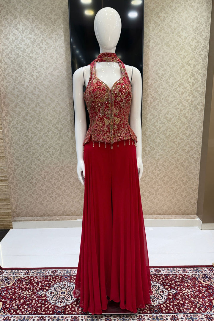 Red Mirror, Stone, Beads, Sequins, Thread and Zari work Palazzo Salwar Suit