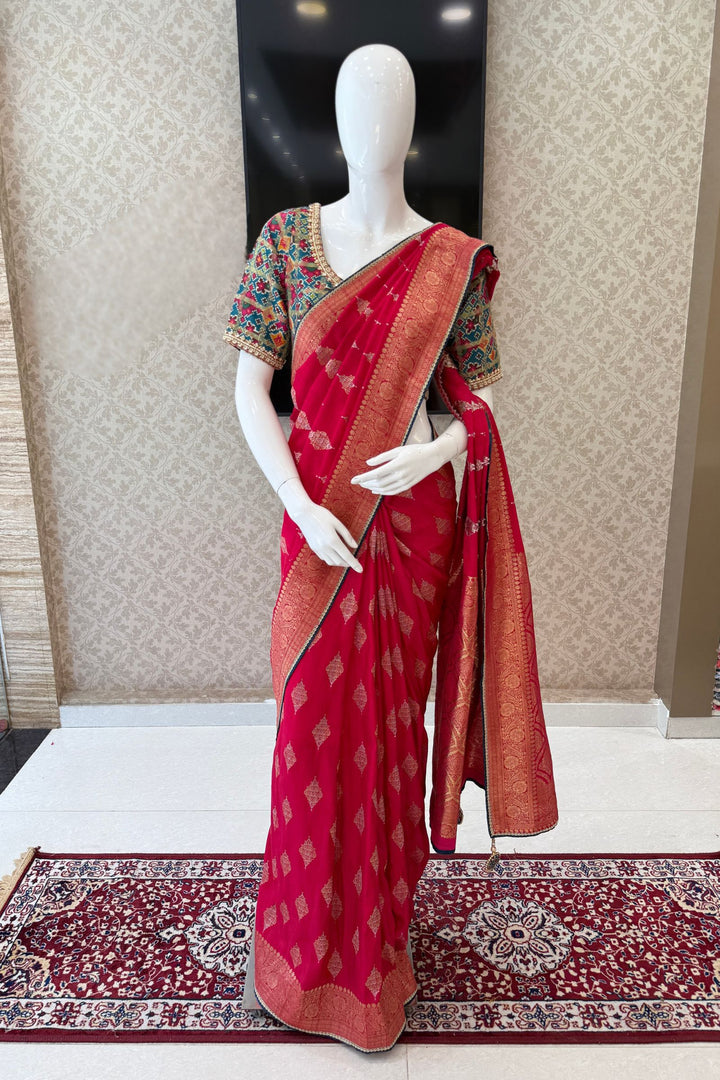 Rani Pink Banaras work Saree with Patola Print, Sequins and Zardozi work Readymade Blouse