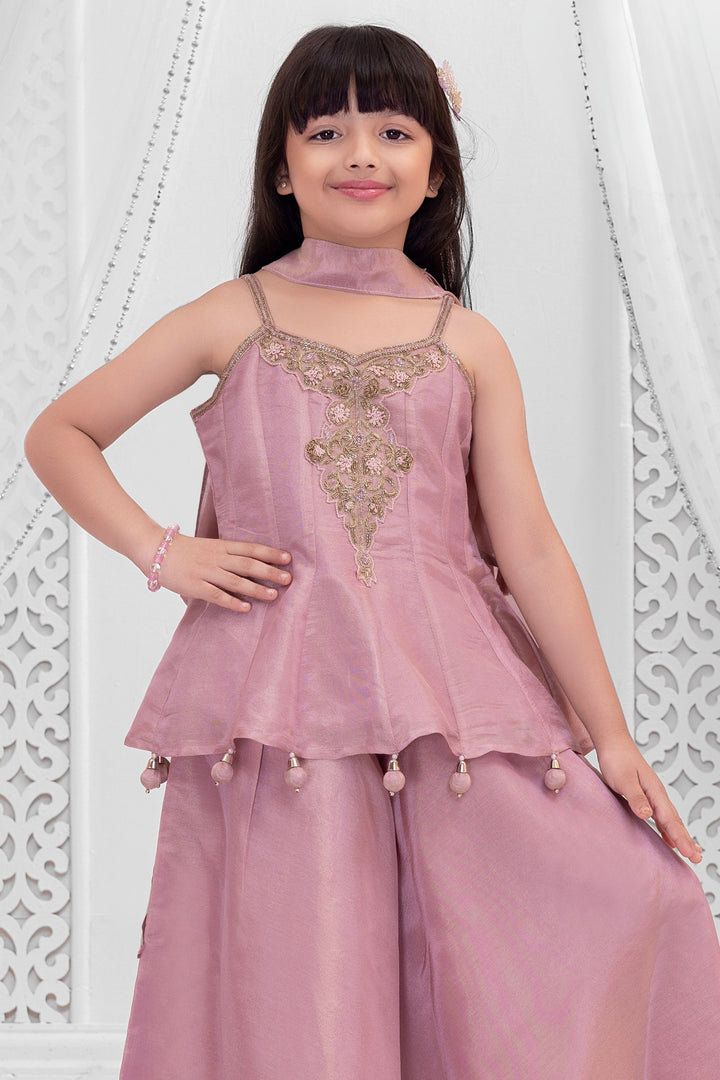 Girls Peach Zardozi, Beads and Zari work Peplum Palazzo Set