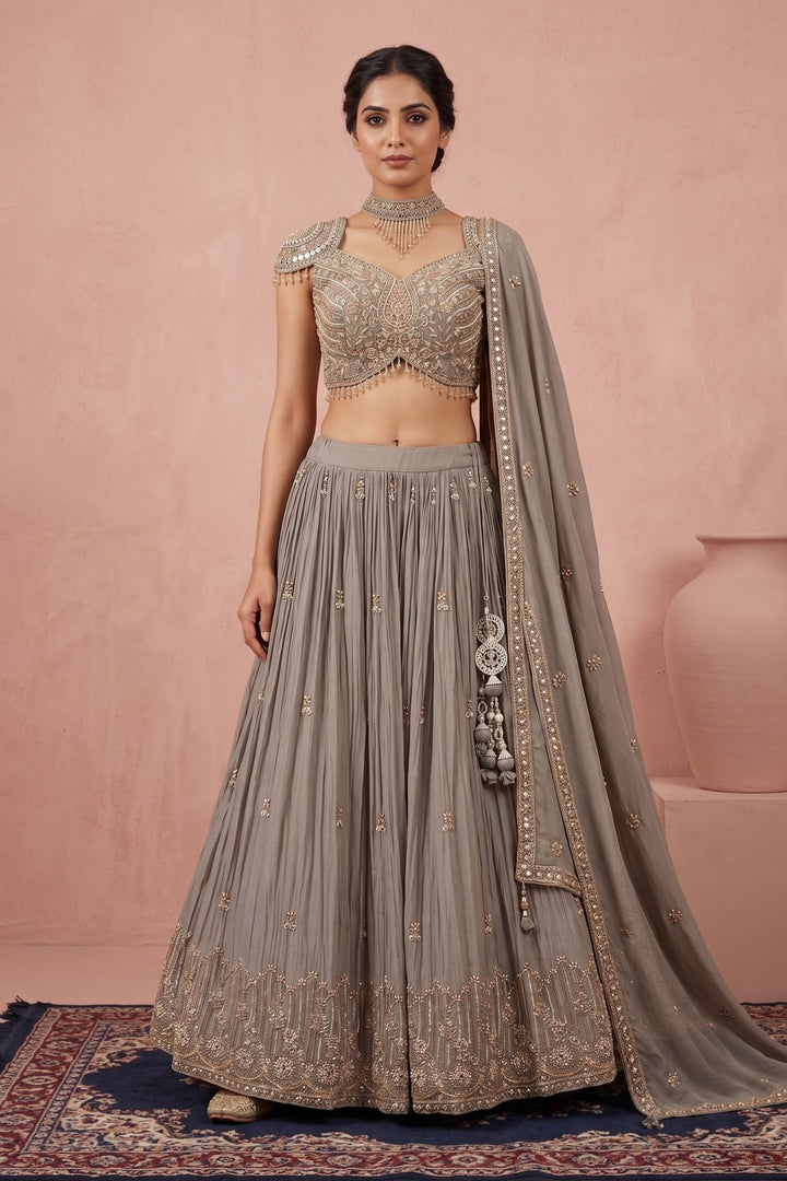 Designer Grey Lehenga with Intricate Beads, Zardozi, Mirror, Kundan and Sequins work