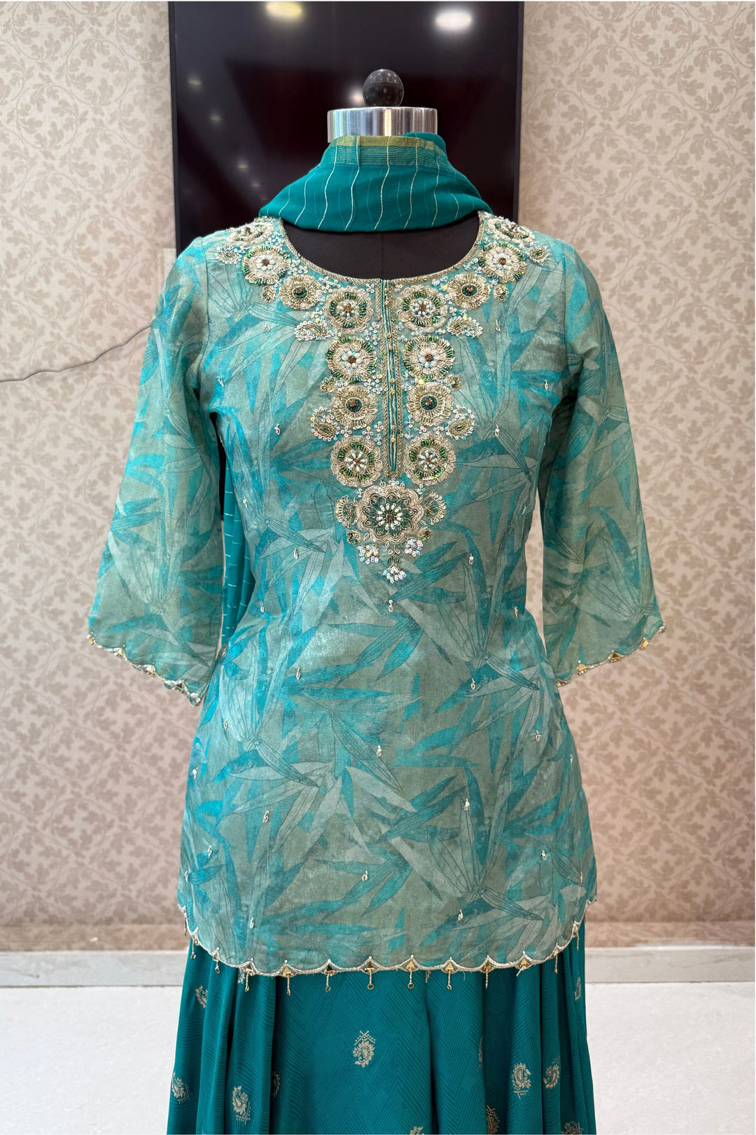 Rama Blue Zardozi, Beads, Sequins, Pearl, Stone and Banaras work Palazzo Salwar Suit