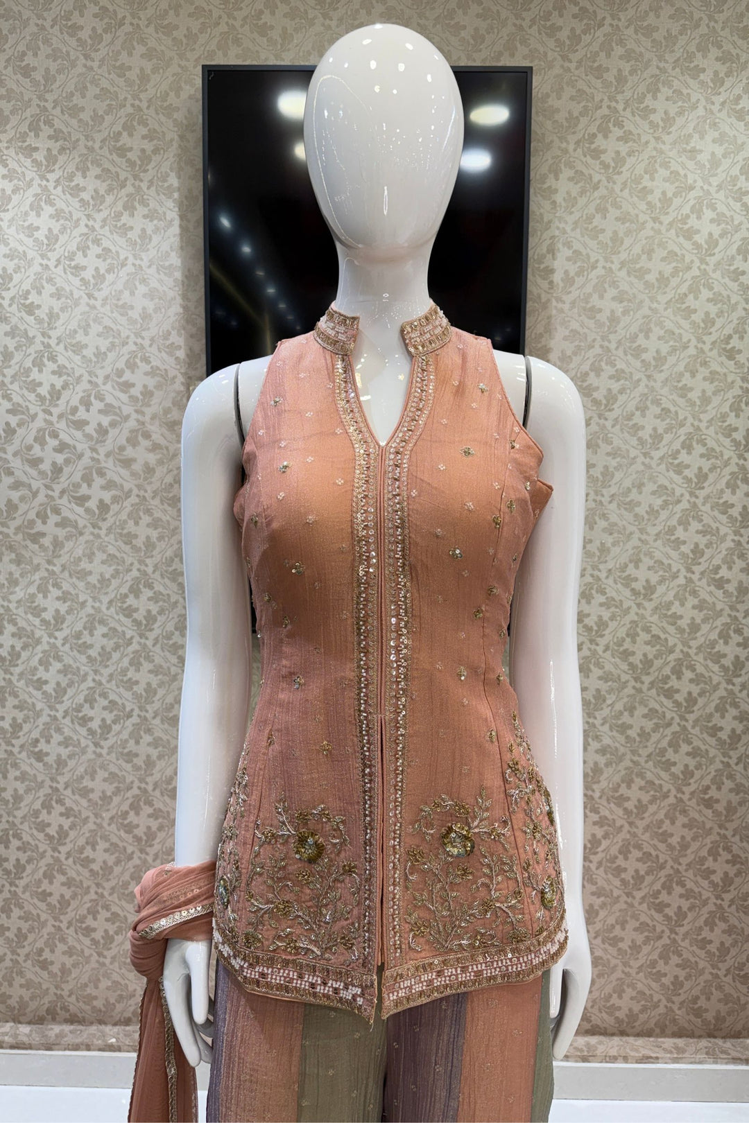 Peach Halter Neck Palazzo Salwar Suit with Zardozi, Beads, Sequins and Zari Detailing