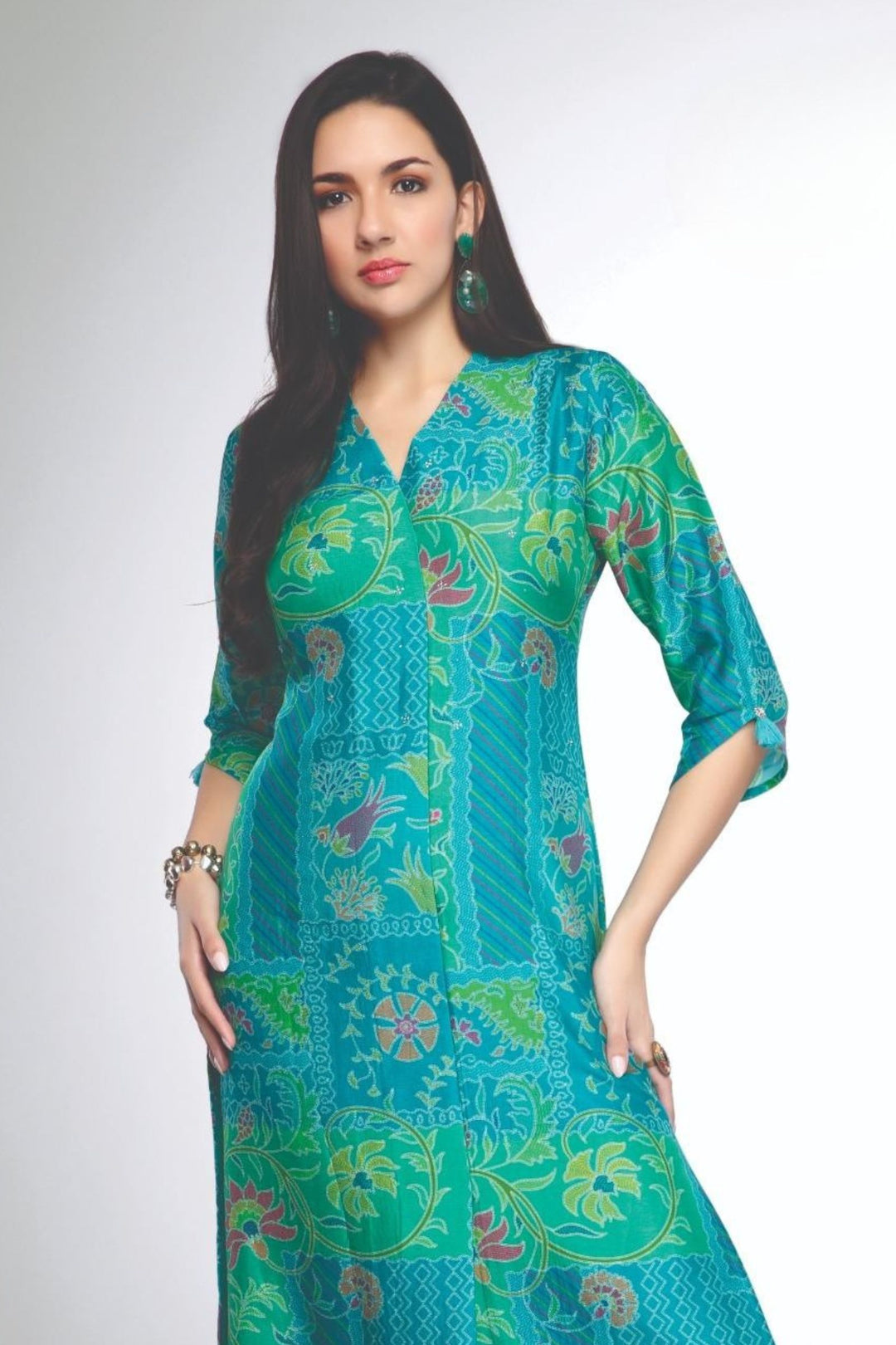 Rama Blue with Green Digital Print and Stone work Calf Length Kurti
