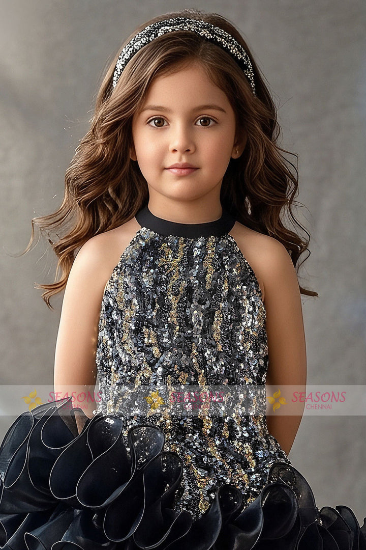 Black Sequins work Halter Ruffle Partywear Frock for Girls