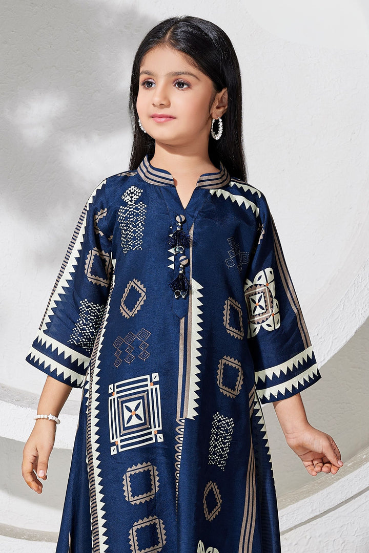 Navy Blue Digital Print A-Line Cut Salwar Suit for Girls