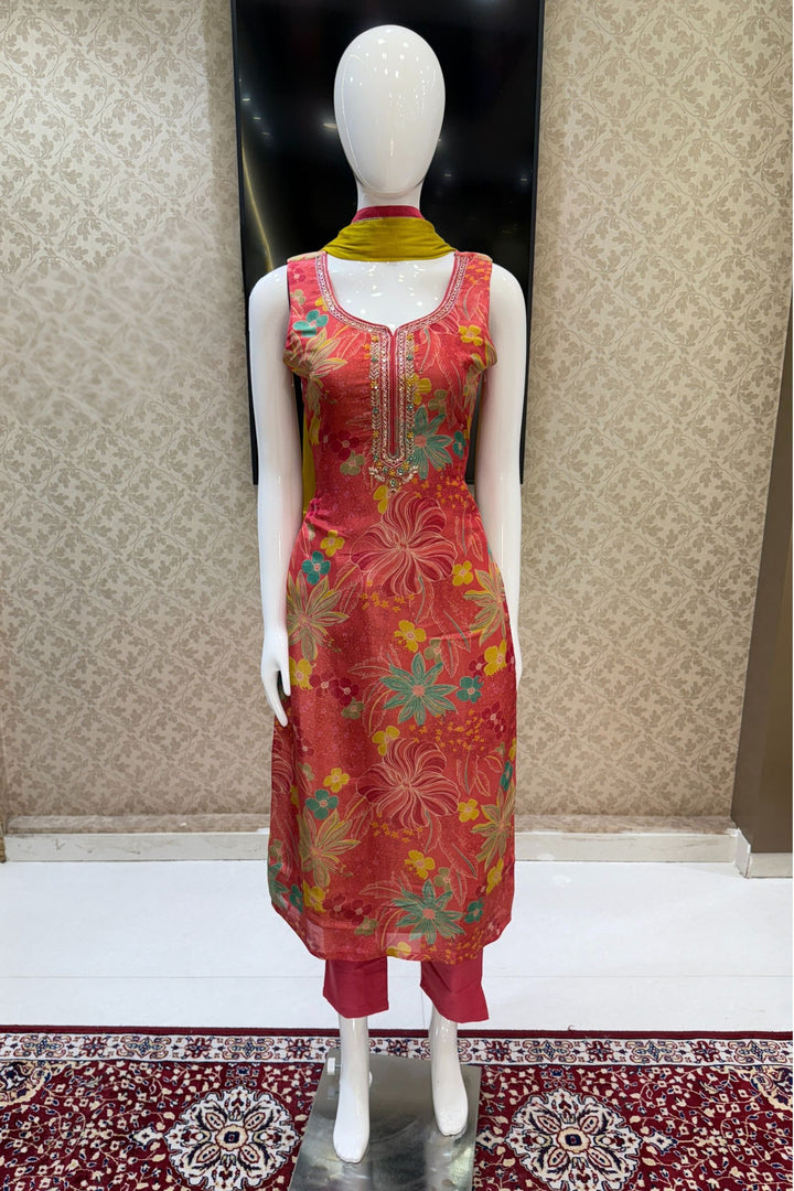 Pinkish Red Zardozi, Beads, Sequins and Stone work with Floral Print Straight Cut Salwar Suit