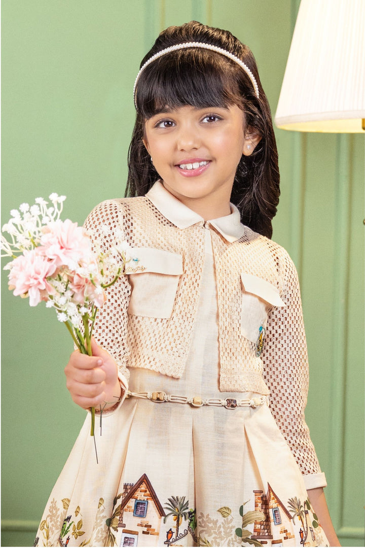 Cream with Digital Print Jacket Styled Short Casual Frock For Girls