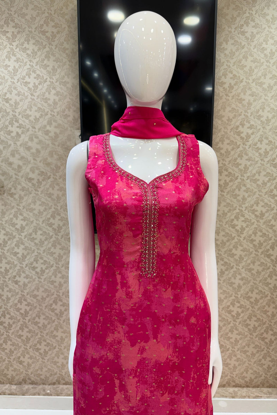 Rani Pink Zardozi, Mirror, Stone, Zari and Banaras Butta work Straight Cut Salwar Suit