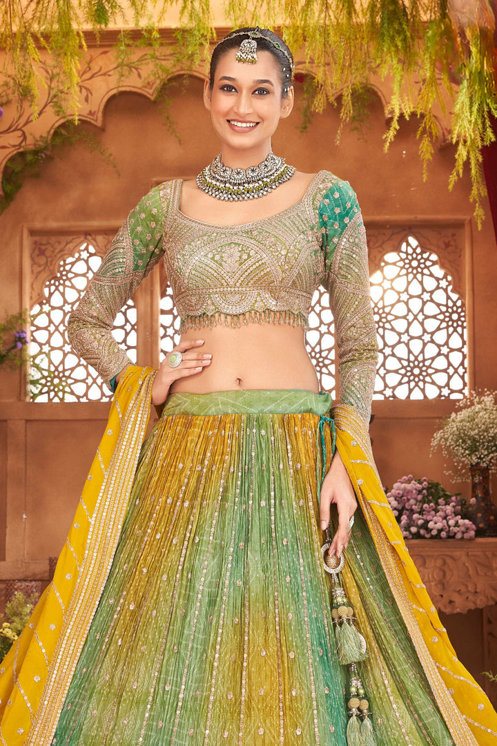 Yellow with Green Sequins, Zari and Beads work with Bandini Print Crop Top Lehenga