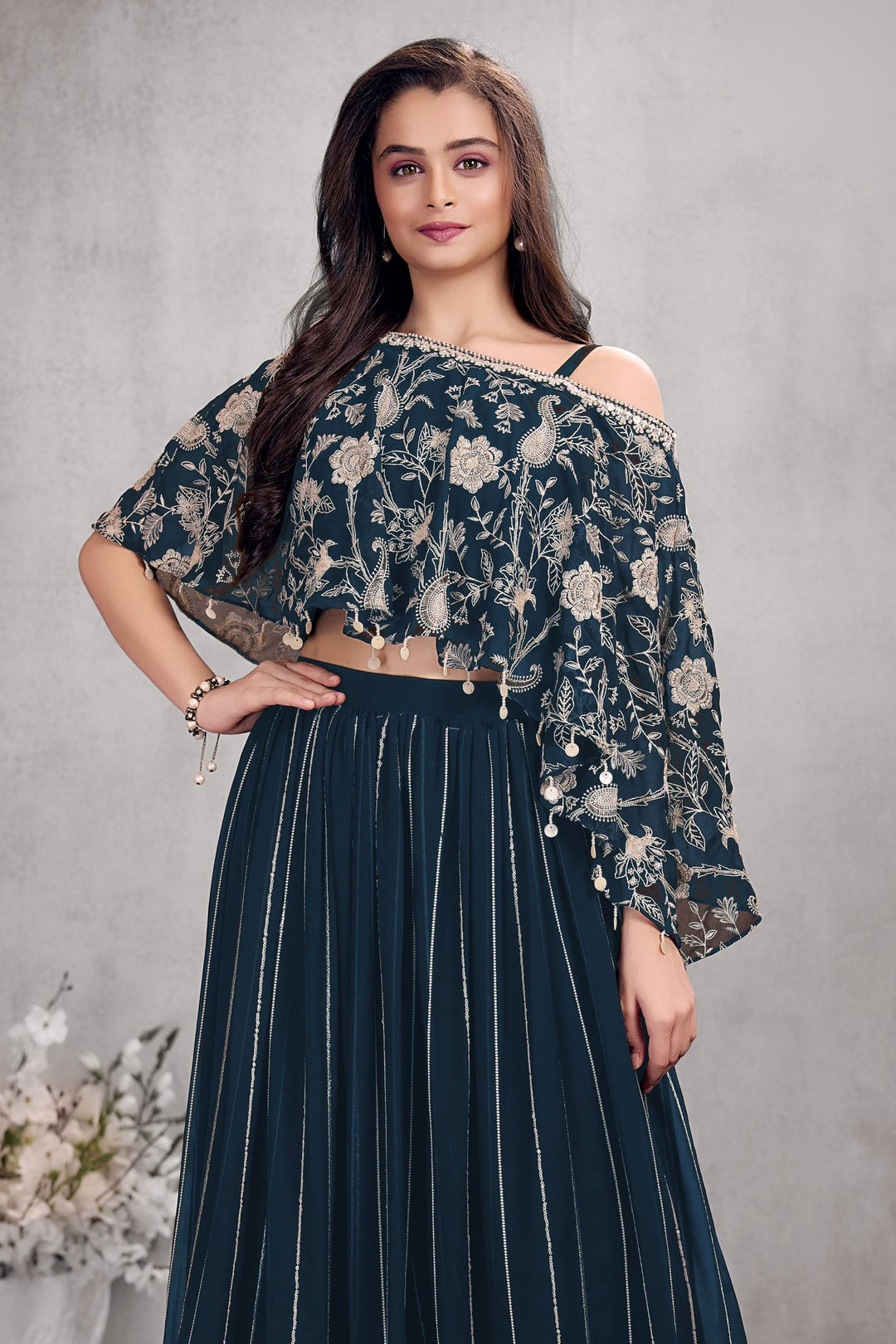 Dark Blue Sequins, Thread and Beads work Kaftan Styled Palazzo Set For Girls