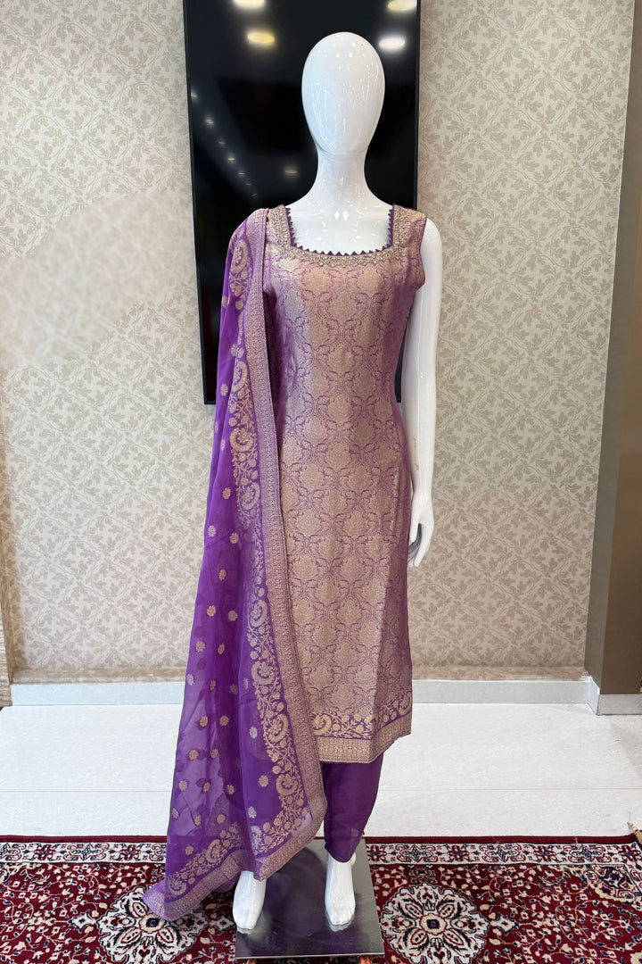 Lavender Beads, Mirror, Stone, Banaras and Brocade work Straight Cut Salwar Suit