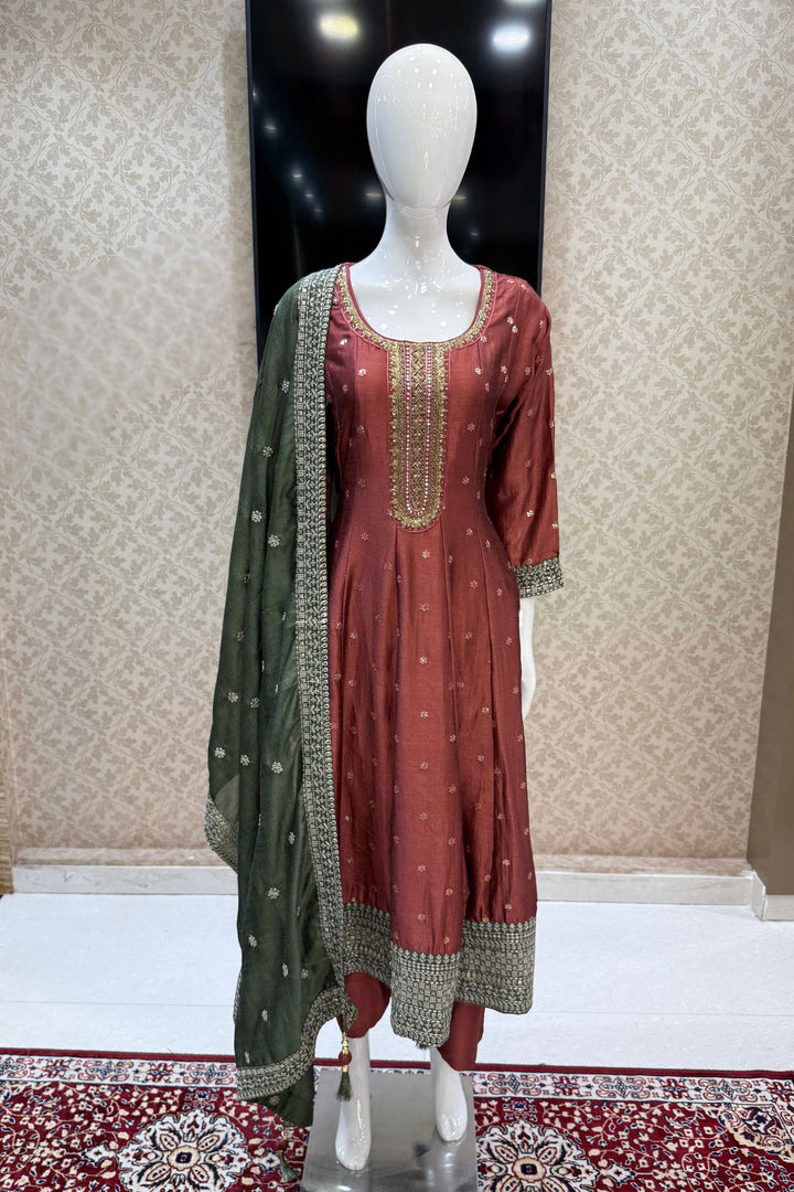 Woodrose Pink Beads, Zardozi, Thread, Sequins, Stone and Zari work A-line Cut Salwar Suit