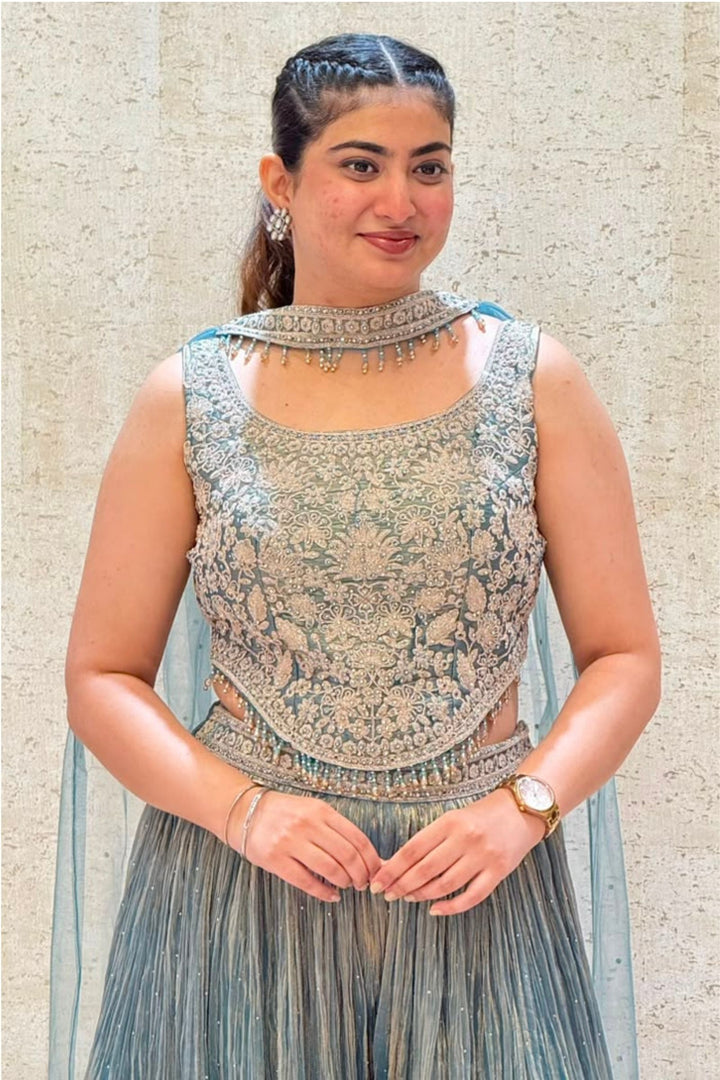 Sea Blue Zari Thread, Stone and Beads work Palazzo Set with Corset Top