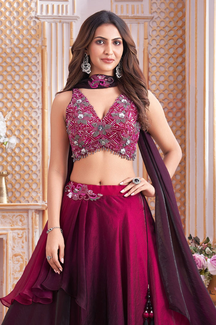 Magenta Mirror, Beads and Sequins work Crop Top Lehenga