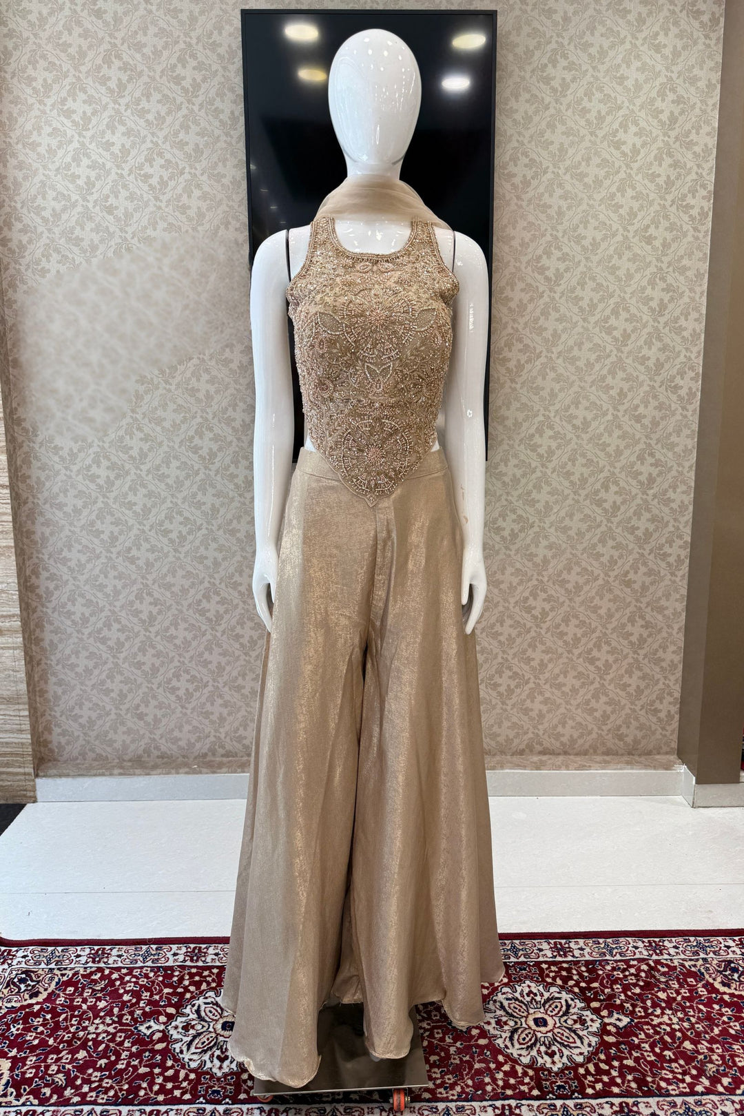 Gold Beads, Stone and Sequins work Palazzo Suit Set