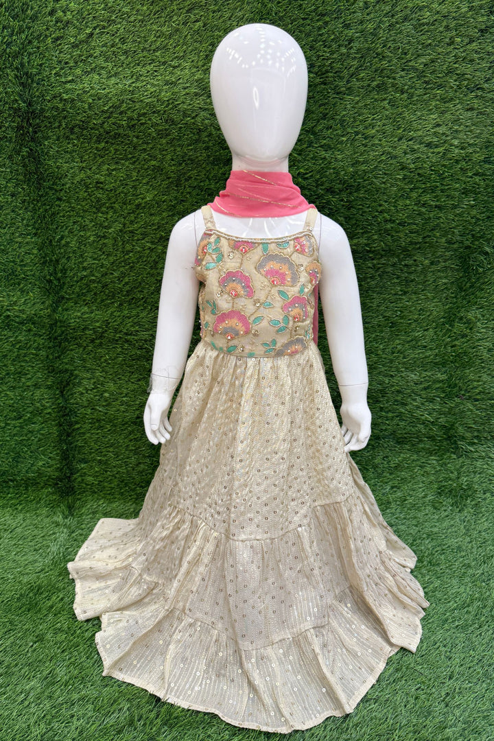 Cream Sequins, Multicolor Embroidery, Beads and Thread work Lehenga Choli for Girls