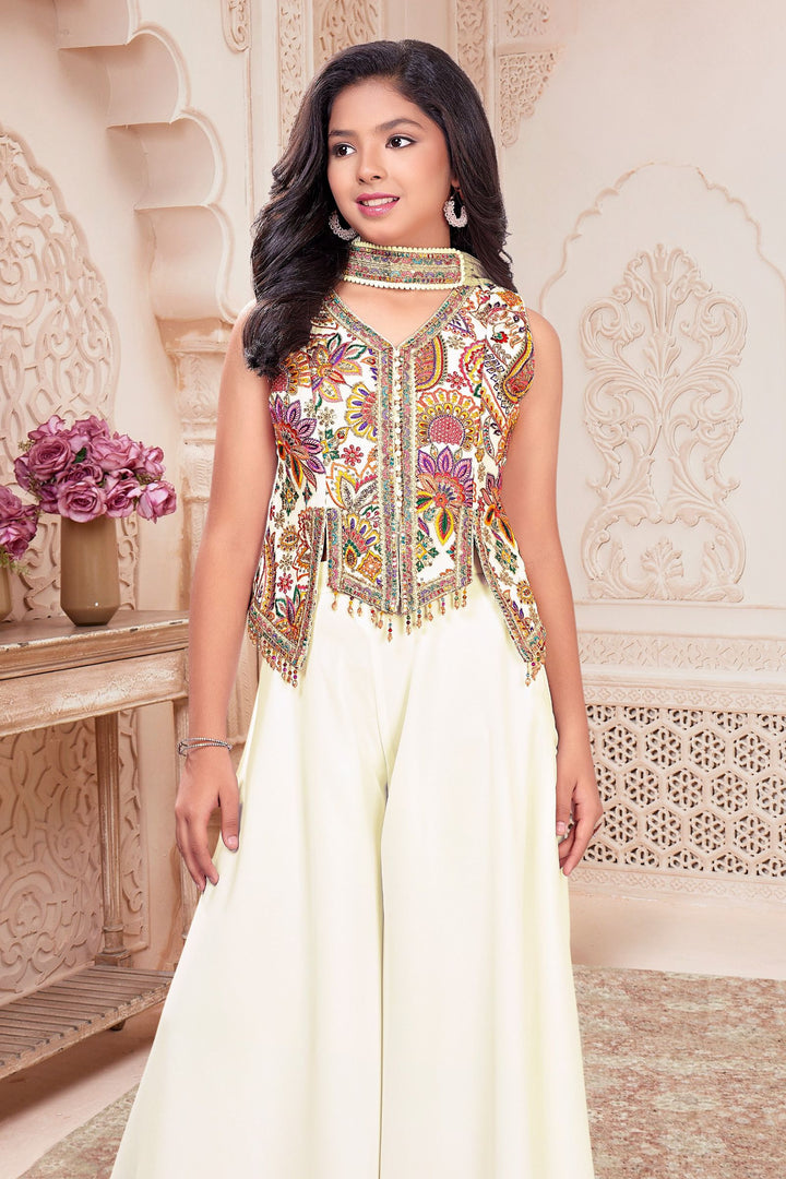 Cream Multicolor Embroidery, Sequins and Zari work Palazzo Suit Set for Girls