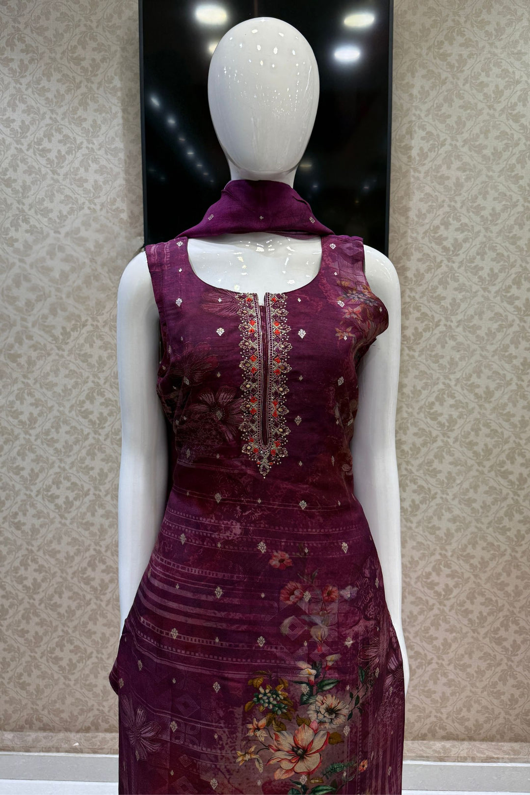 Wine Straight Cut Salwar Suit with Digital Print, Mirror, Zari and Banaras work
