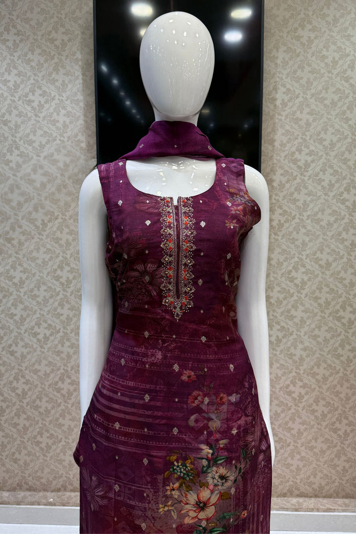 Wine Straight Cut Salwar Suit with Digital Print, Mirror, Zari and Banaras work