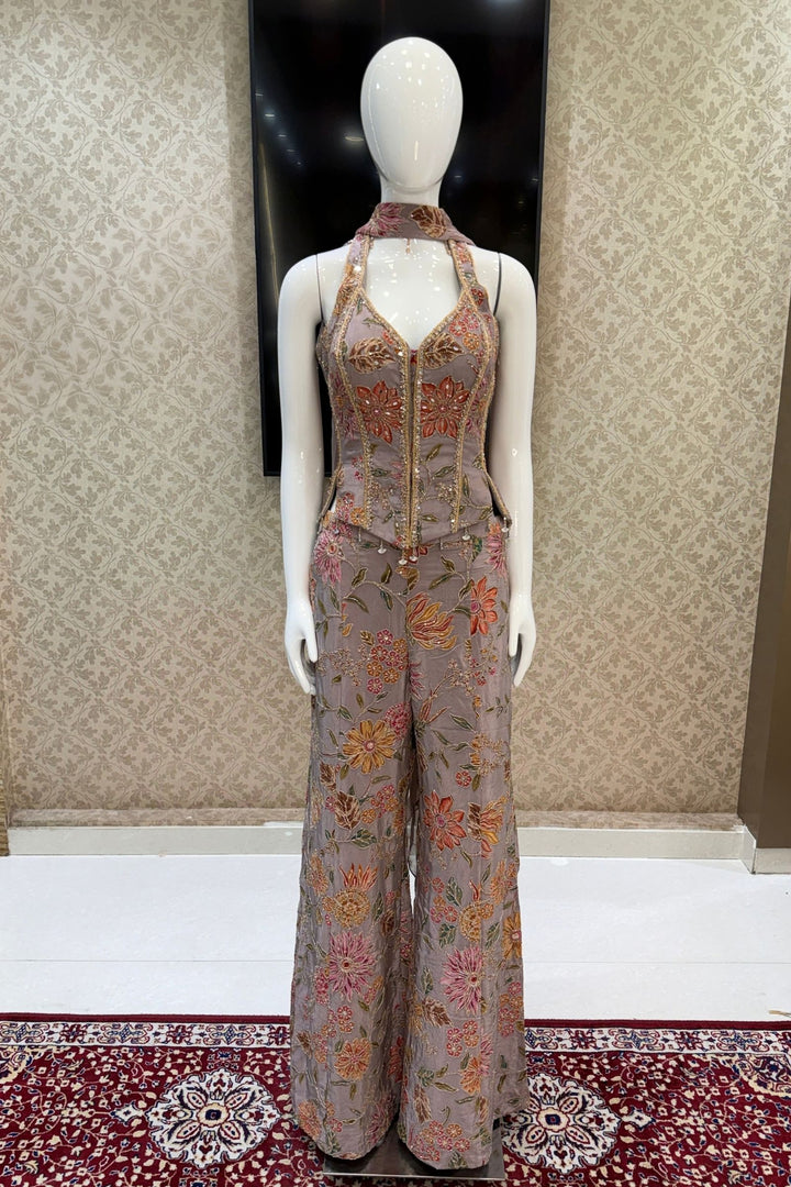 Lilac Halter Neck Palazzo Set with Zardozi, Zari, Beads, Sequins, Stone and Mirror Detailing