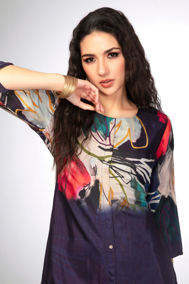 Navy Blue with Multicolor Digital Print Short Kurti