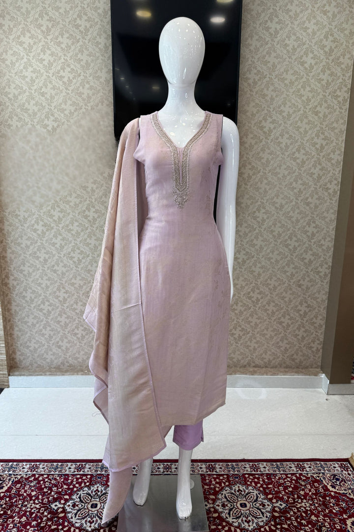 Light Lavender Banaras, Beads, Zardozi, Stone and Mirror work Straight Cut Salwar Suit